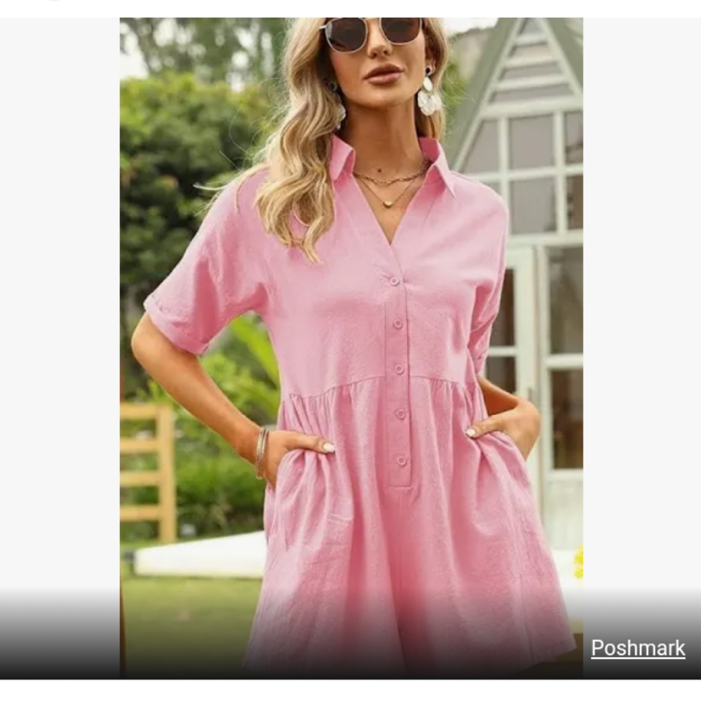 DEEP SELF short sleeve button down romper casual collared V Neck with pockets